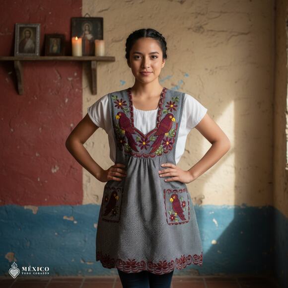 Gray Mexican Embroidered Apron – Standard Kitchen Apron Floral Embroidery - Picture 1 of 8